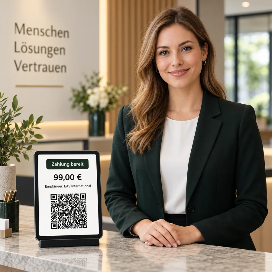 Hotel front desk staff with a tablet showing a ready QR payment