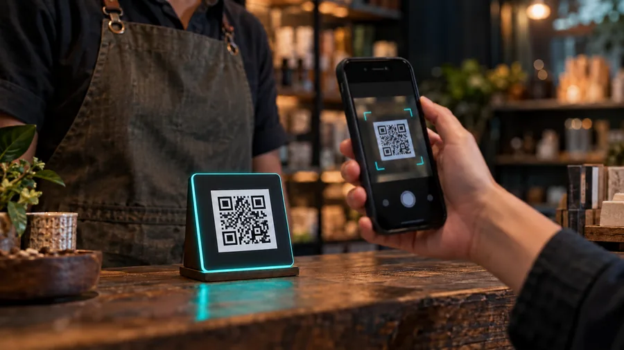 Shop counter with an illuminated QR-code payment stand